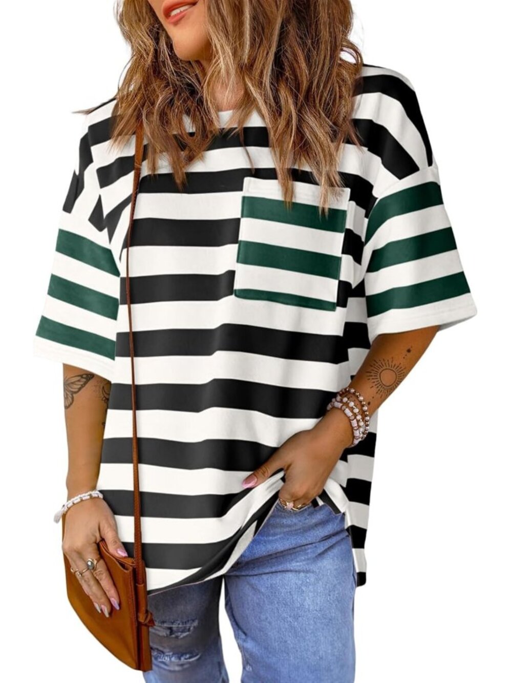 Oversized Striped Color Block T-Shirt for Women - Summer Casual Teacher Top